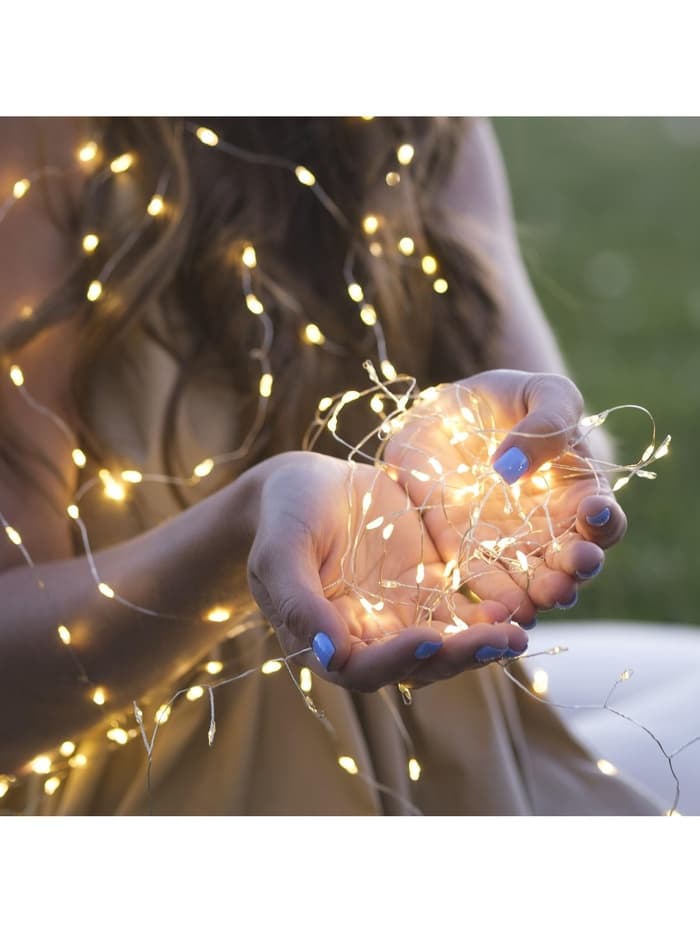 Гирлянда «Мишура» 2 м, роса, IP20, серебристая нить, 50 LED, от батареек CR2032×2, свечение тёплое белое