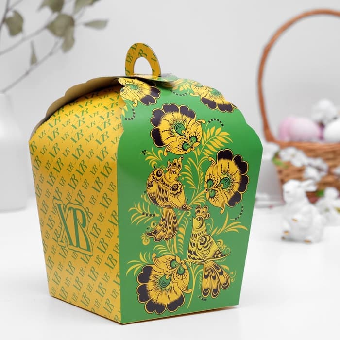 Коробка подарочная пасхальная «ХВ», зеленая хохлома, 17×17×26 см