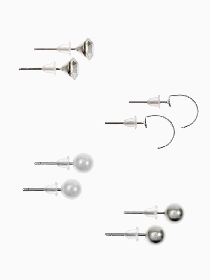 Серьги пусеты QF «Романтика», 4 пары, кольца, белые в серебре