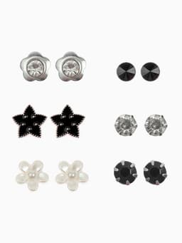 Серьги пусеты QF «Романтика», 6 пар, цветочки, чёрно-белый в серебре