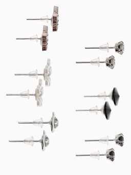 Серьги пусеты QF «Романтика», 6 пар, цветочки, чёрно-белый в серебре