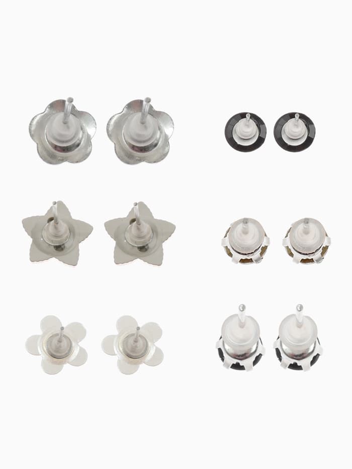 Серьги пусеты QF «Романтика», 6 пар, цветочки, чёрно-белый в серебре