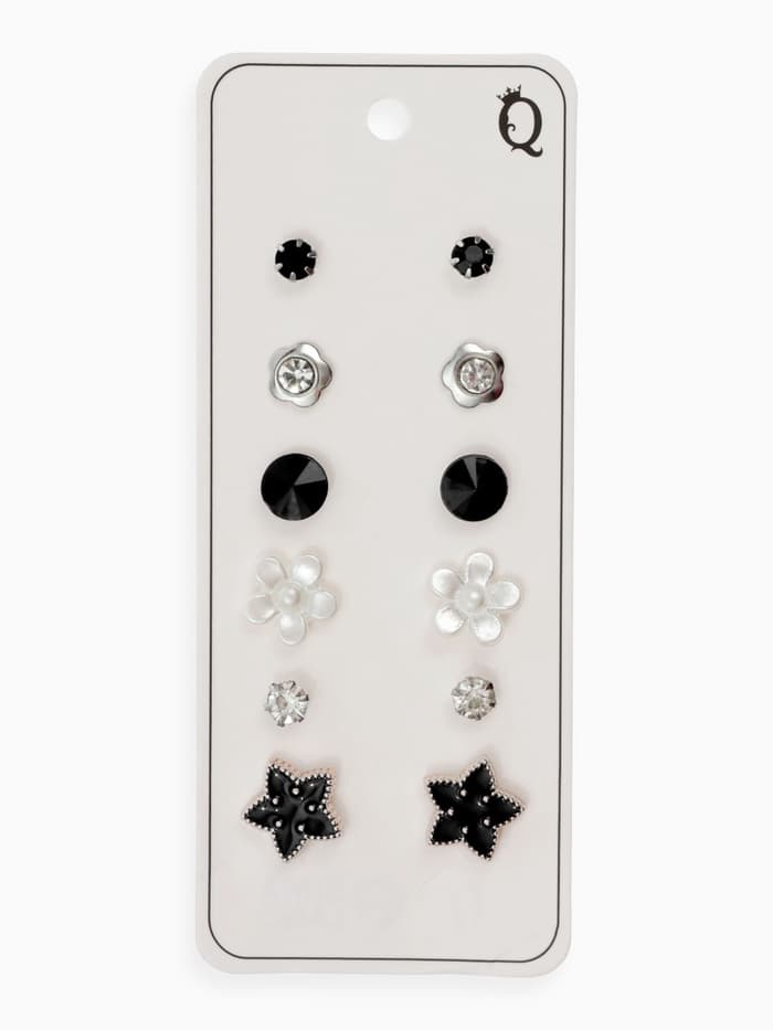 Серьги пусеты QF «Романтика», 6 пар, цветочки, чёрно-белый в серебре