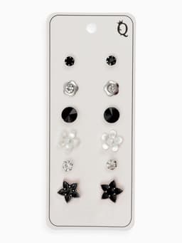 Серьги пусеты QF «Романтика», 6 пар, цветочки, чёрно-белый в серебре
