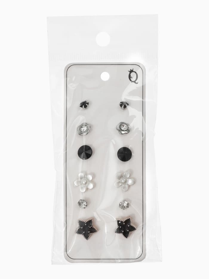 Серьги пусеты QF «Романтика», 6 пар, цветочки, чёрно-белый в серебре