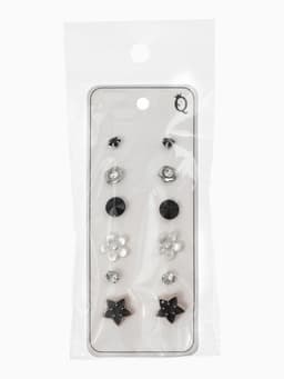 Серьги пусеты QF «Романтика», 6 пар, цветочки, чёрно-белый в серебре