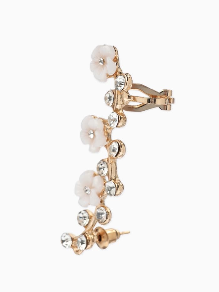 Серьга кафф «Ромашки со стразами», L=5 см, белая в золоте