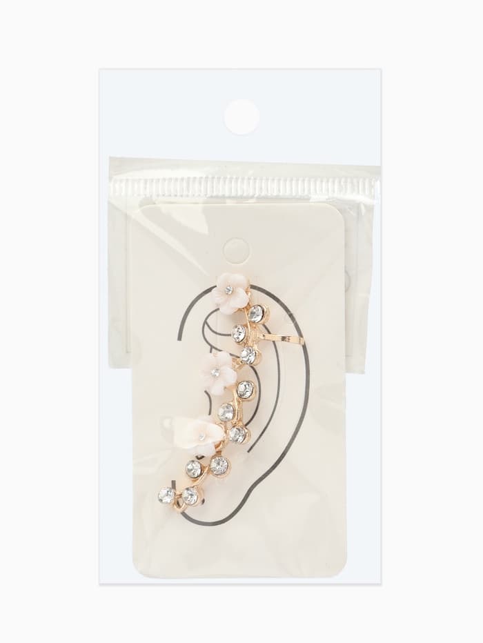 Серьга кафф «Ромашки со стразами», L=5 см, белая в золоте