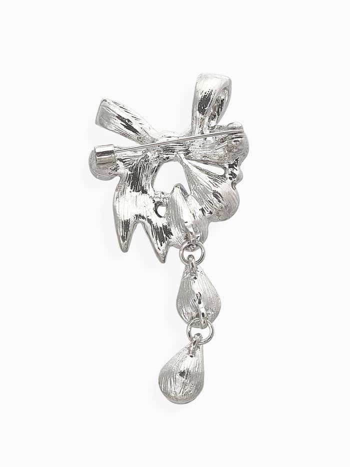 Брошь «Цветочная роса с бантом», белый, синяя в серебре