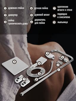 Душевая система ZEIN Z1001, тропическая и ручная лейка, шланги, стойка, мыльница, хром