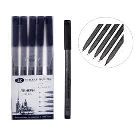 Набор ручек капиллярных ЗХК «Сонет», разные типы, 5 штук (0.1/.03./0.5/0.8/кисть), чёрный