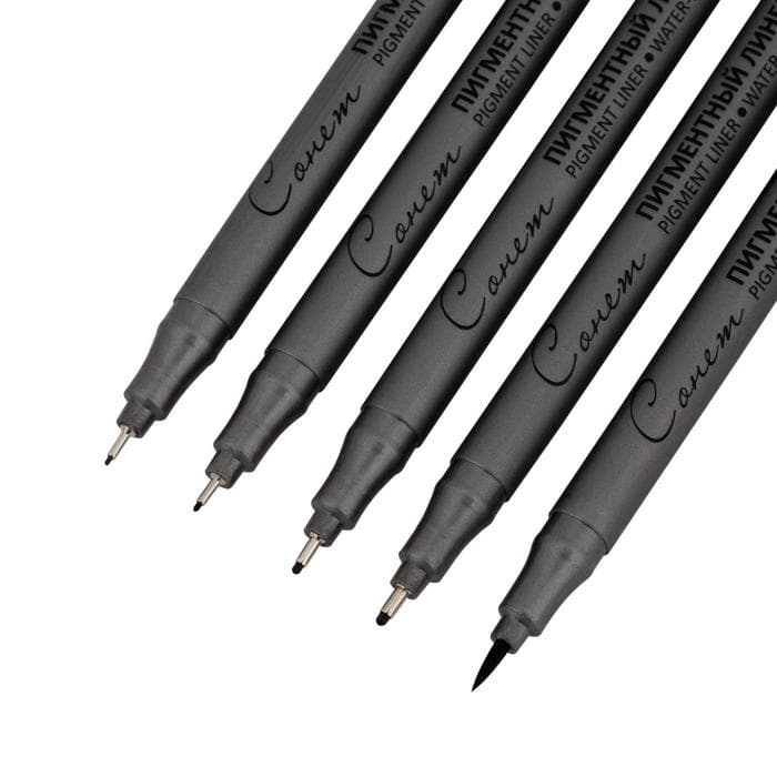 Набор ручек капиллярных ЗХК «Сонет», разные типы, 5 штук (0.1/.03./0.5/0.8/кисть), чёрный