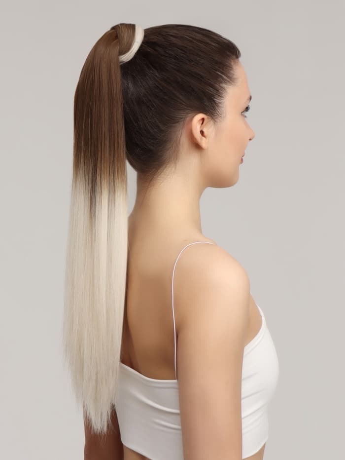 Хвост накладной, прямой волос, на резинке, 60 см, 100 г, цвет омбре русый, молочный