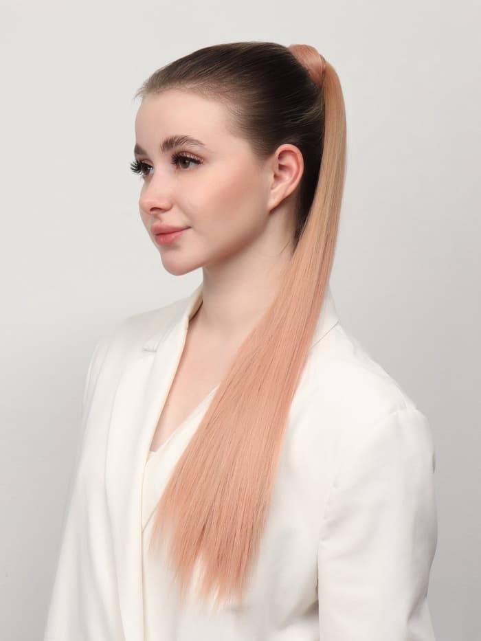 Хвост накладной QF, прямой волос, на резинке, 60 см, 100 г, омбре русый, пепельно-розовый