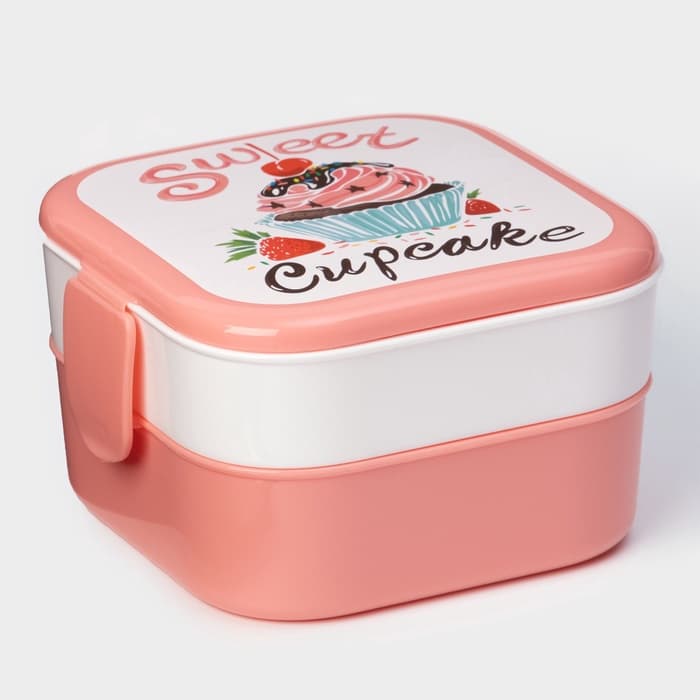 Ланч - бокс в школу IDEA «Капкейки», 800 мл, 12.5×13×8.5 см, 2 отделения, пластик, бело-розовый