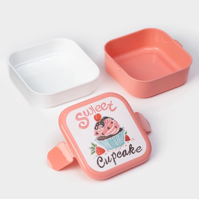 Ланч - бокс в школу IDEA «Капкейки», 800 мл, 12.5×13×8.5 см, 2 отделения, пластик, бело-розовый