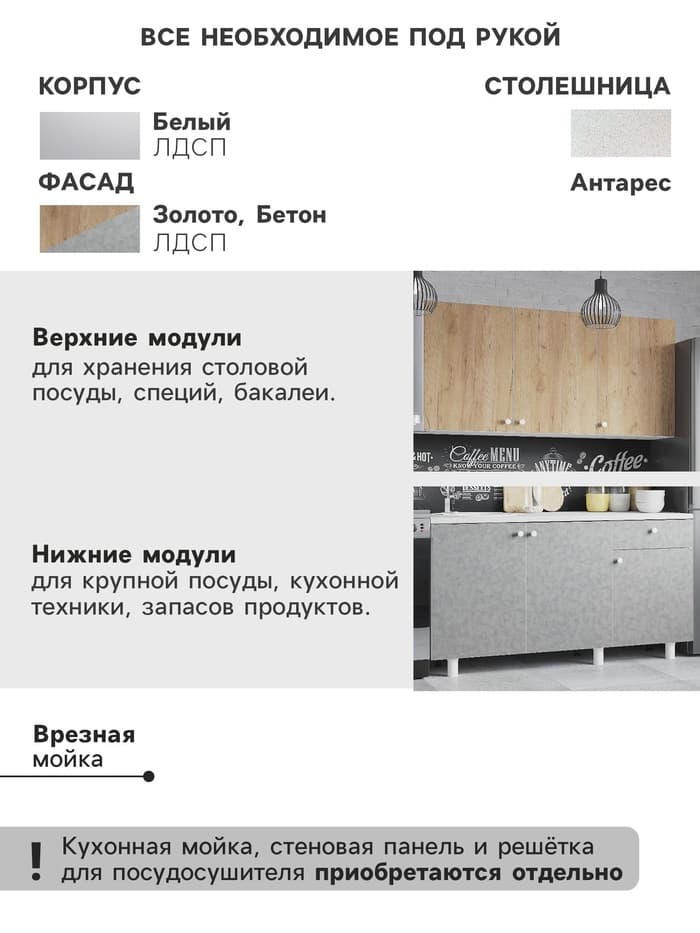 Кухонный гарнитур прямой «Поинт», 1500 мм, цвет бетон и золото фасад/белый корпус