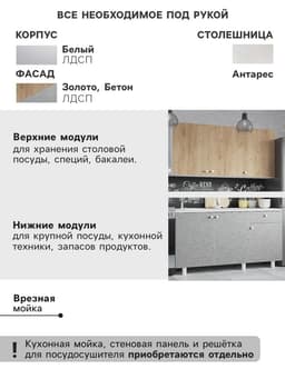 Кухонный гарнитур прямой «Поинт», 1500 мм, цвет бетон и золото фасад/белый корпус