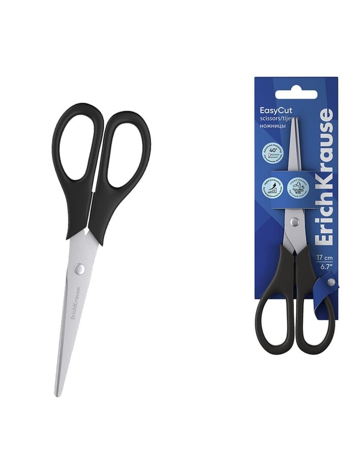 Ножницы ErichKrause Standard, 17 см, с улучшенной двойной заточкой, лезвия из нержавеющей стали, чёрные
