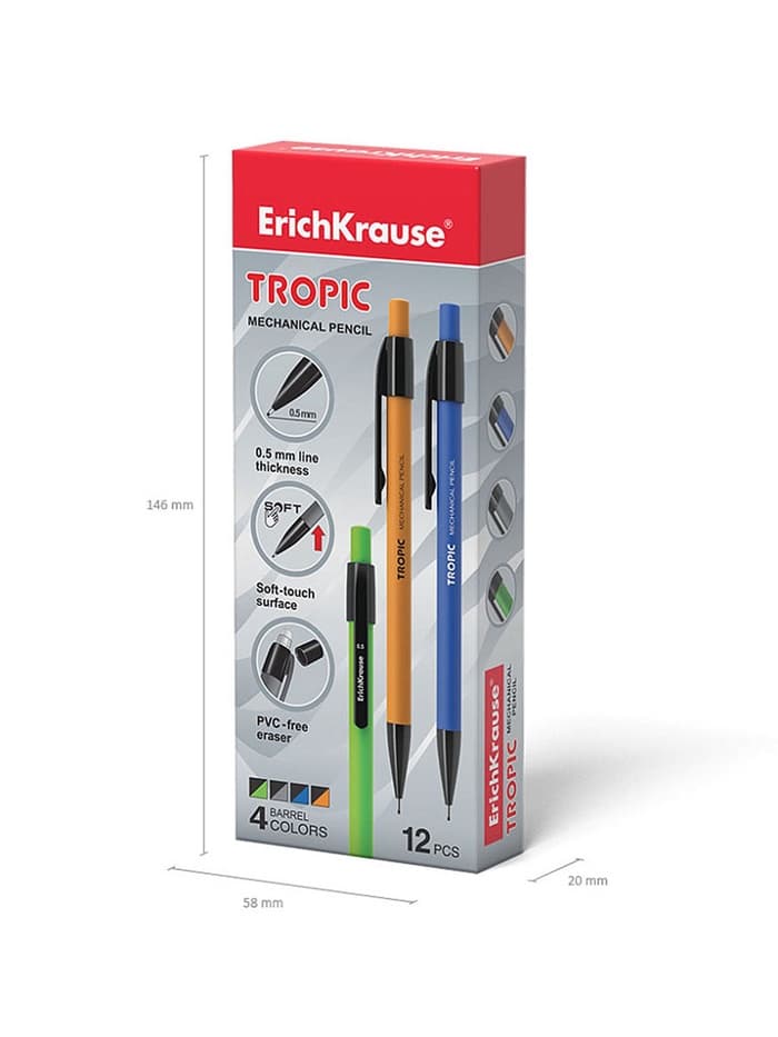 Карандаш механический ErichKrause. Tropic, толщина грифеля 0.5 мм, НВ, МИКС