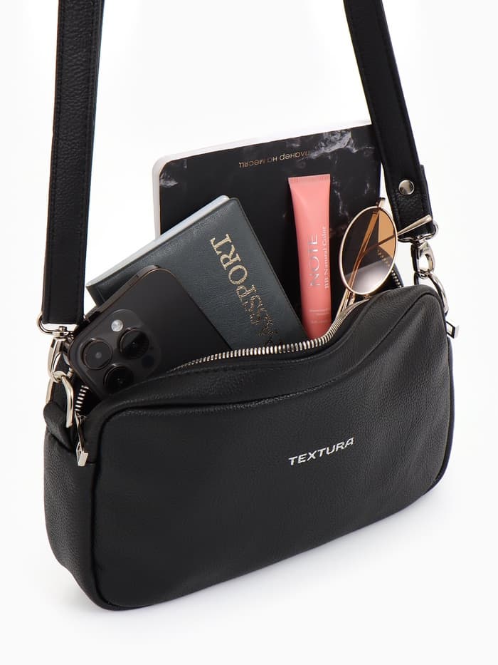 Сумка женская кросс-боди TEXTURA на молнии, 25×6×14 см, чёрная