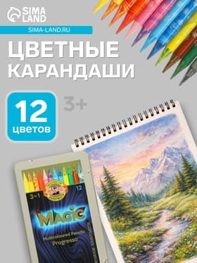 Карандаши цветные цельнографит 12 цветов Koh-I-Noor PROGRESSO MAGIC 8772, металлический пенал