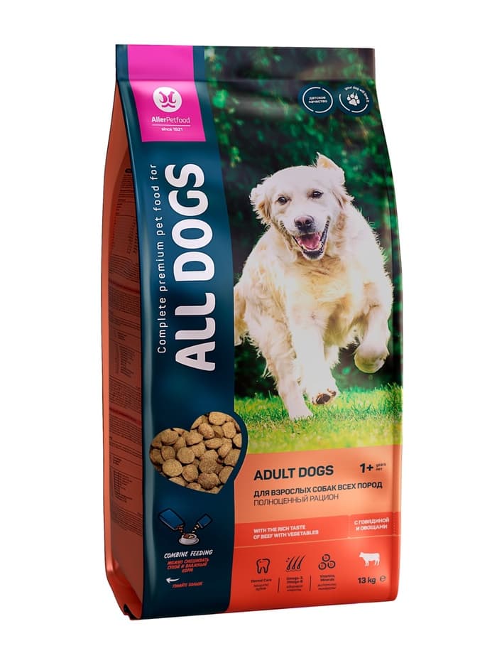 Сухой корм ALL DOGS для собак, говядина и овощи, 13 кг