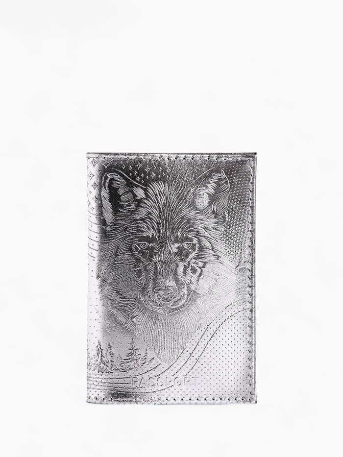 Обложка для паспорта «Волк», натуральная кожа, сплошное тиснение, цвет серебряный