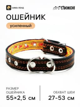 Ошейник кожаный усиленный капроном с полукольцом, 55×2.5 см, ОШ 27-53 см, чёрный