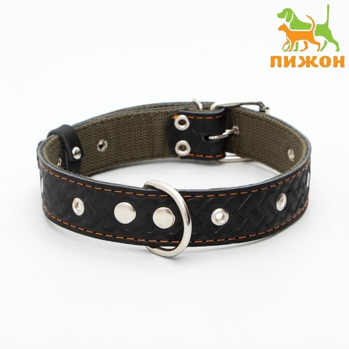 Ошейник комбинированный, безразмерный, 65×3.5 см, ОШ 31-61 см, кожа, брезент, чёрный