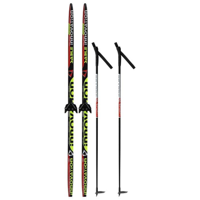 Комплект лыжный: пластиковые лыжи 150 см с насечкой, стеклопластиковые палки 110 см, крепления NN75 мм, МИКС