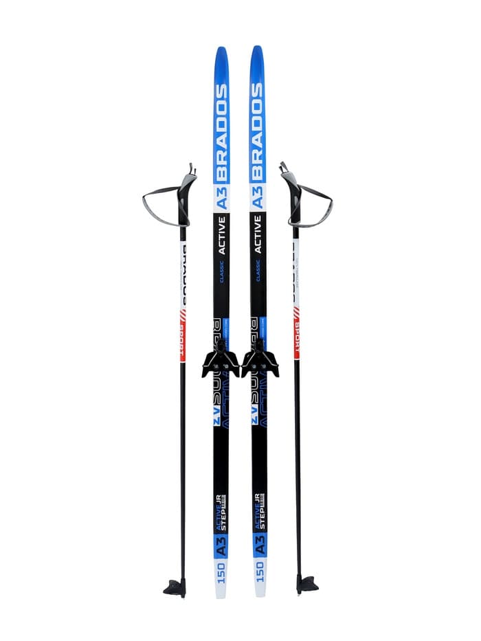 Комплект лыжный: пластиковые лыжи 150 см с насечкой, стеклопластиковые палки 110 см, крепления NN75 мм, МИКС