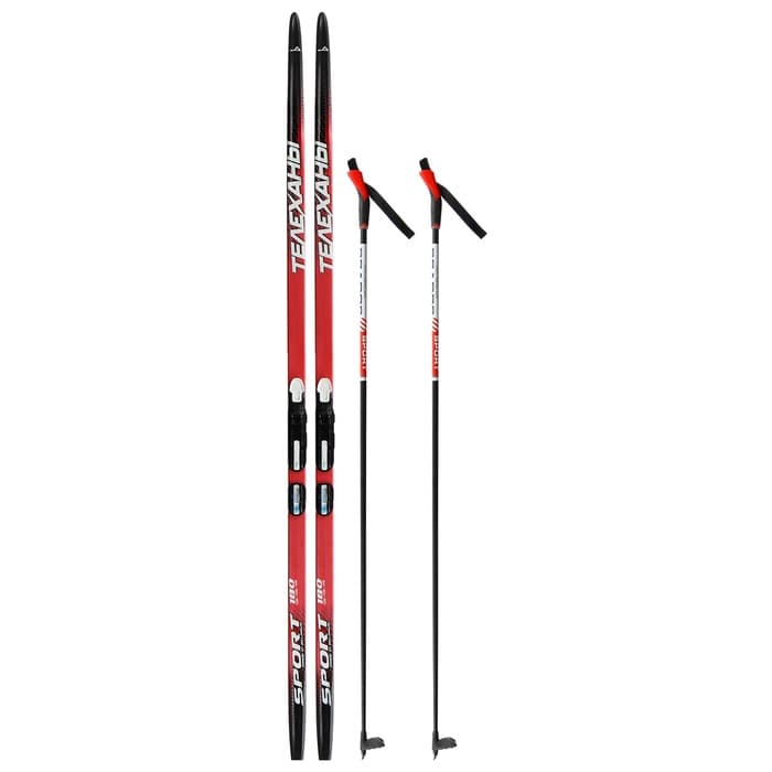 Комплект лыжный: пластиковые лыжи 180 см без насечек, стеклопластиковые палки 140 см, крепления NNN, цвета МИКС