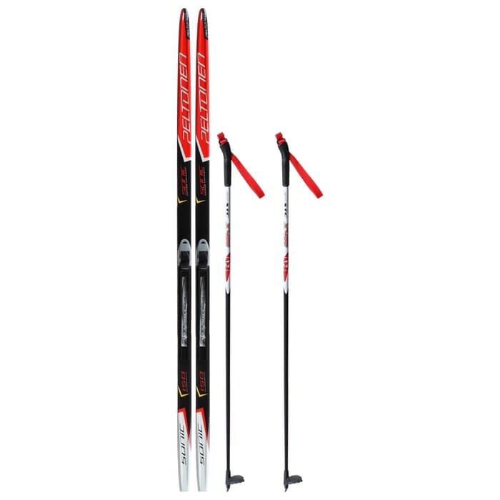 Комплект лыжный: пластиковые лыжи 150 см с насечкой, стеклопластиковые палки 110 см, крепления NNN, цвета МИКС