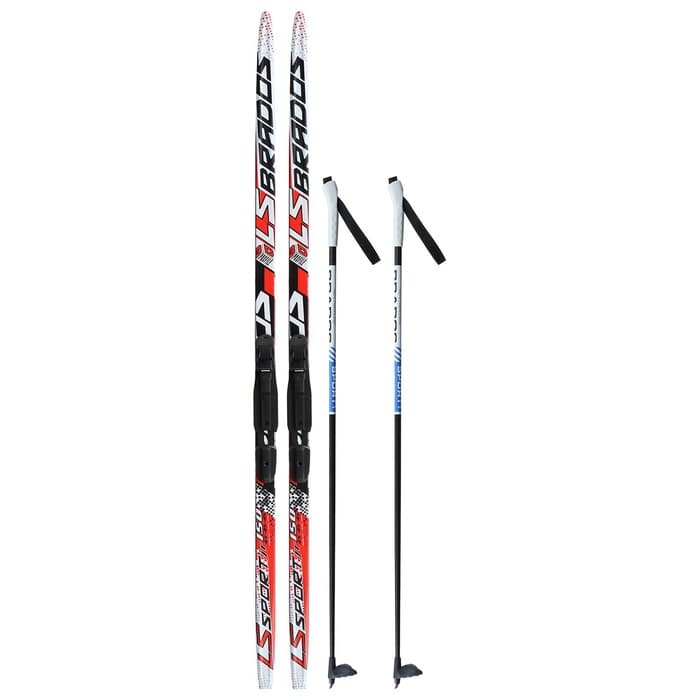 Комплект лыжный: пластиковые лыжи 150 см с насечкой, стеклопластиковые палки 110 см, крепления SNS, цвета МИКС