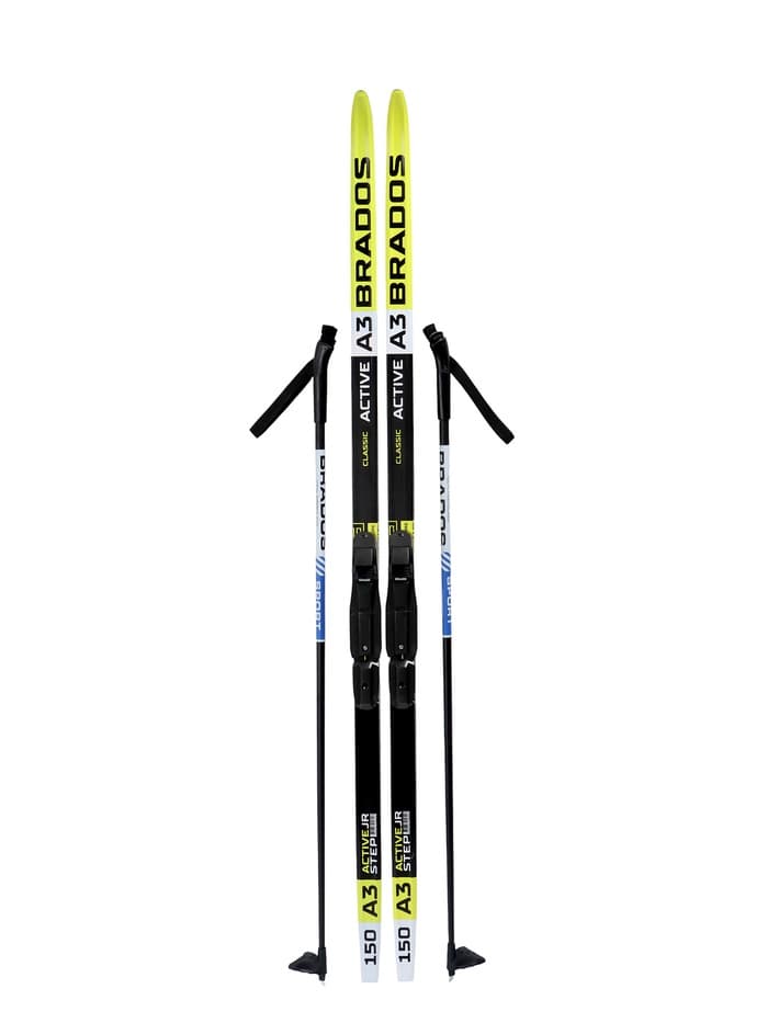 Комплект лыжный: пластиковые лыжи 150 см с насечкой, стеклопластиковые палки 110 см, крепления SNS, цвета МИКС