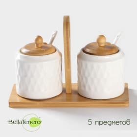Банки для сыпучих с ложками на бамбуковой подставке BellaTenero «Герда», набор 2 шт., фарфор, белые