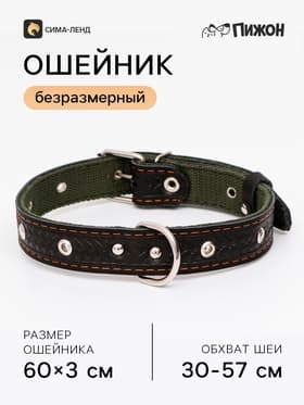 Ошейник комбинированный безразмерный, кожа/брезент, 60×3 см, ОШ 30-57 см, чёрный/зелёный