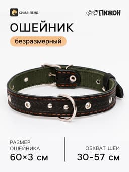 Ошейник комбинированный безразмерный, кожа/брезент, 60×3 см, ОШ 30-57 см, чёрный/зелёный