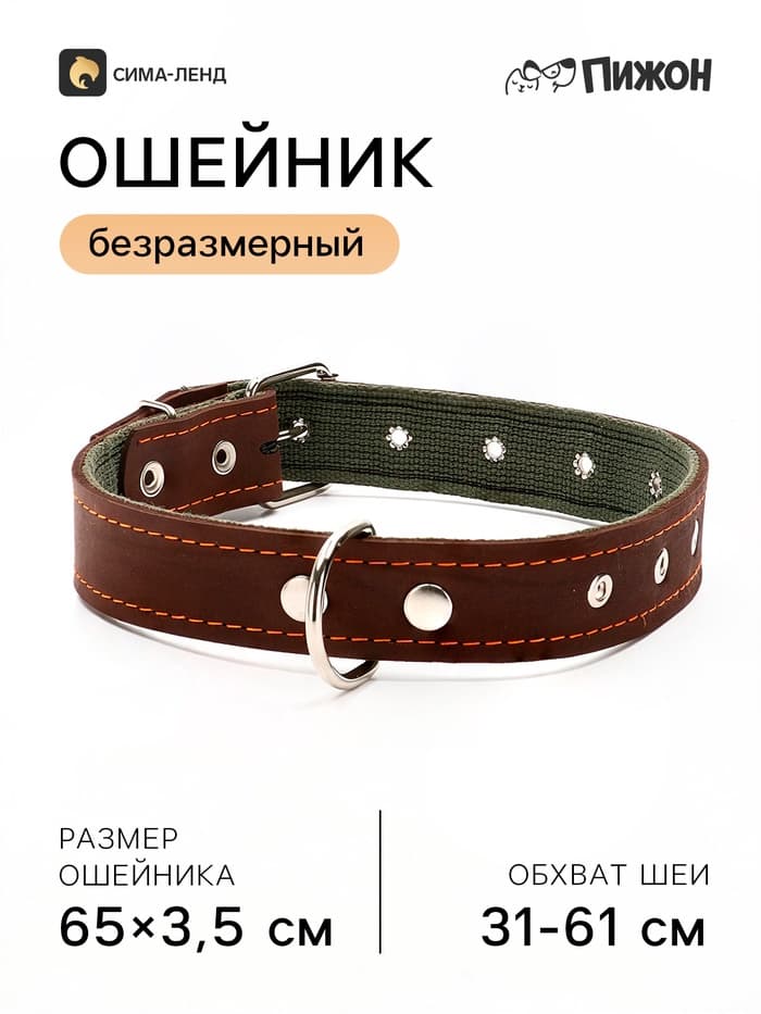 Ошейник комбинированный, безразмерный, 65×3.5 см, ОШ 31-61 см, кожа, брезент, коричневый