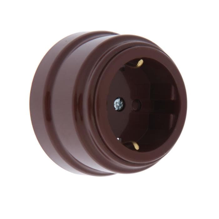 Розетка BYLECTRICA Ретро РА16-0206, 16 А, одноместная, наружная, с заземлением, со шторкой, IP20, коричневая