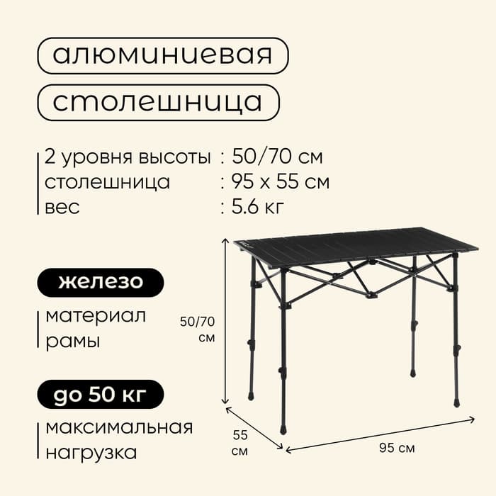 Стол туристический Maclay, 95×55×50/70 см, цвет чёрный
