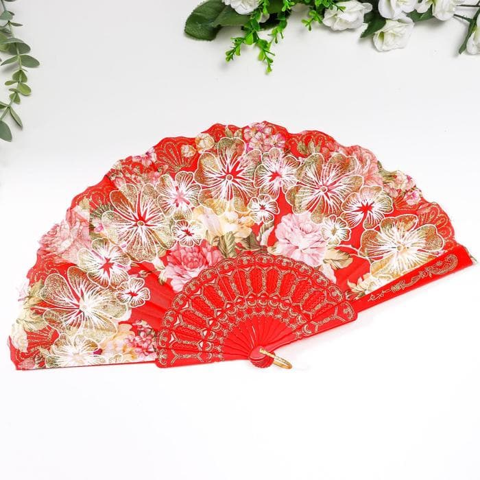 Веер складной «Цветочный рай», пластик, текстиль, широкие лопасти, блёстки, 23 см, МИКС