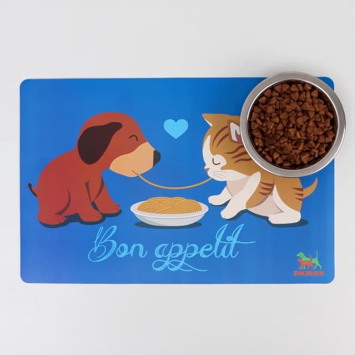 Коврик под миску Пижон «Вместе вкуснее» с нескользящим основанием 43×28 см