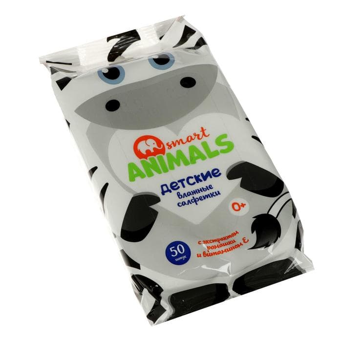 Влажные салфетки детские Smart animals, с ромашкой и витамином, 50 шт. МИКС