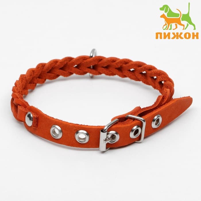 Ошейник, 1.2×36 см, ОШ 20-30 см, плетёный, кожа, оранжевый