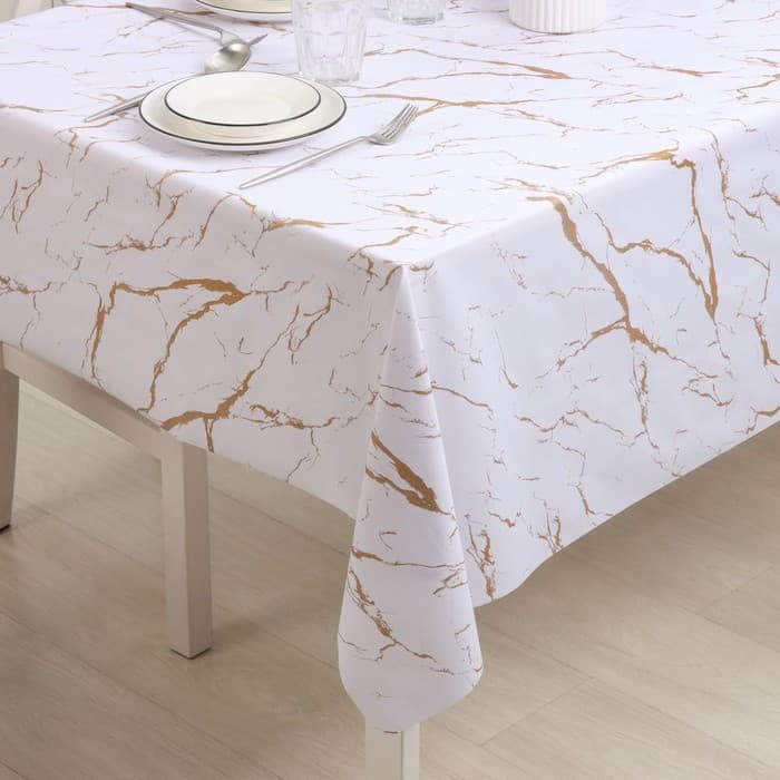 Клеёнка на стол Доляна «Мрамор», на тканевой основе, ширина 137 см, рулон 20 м, толщина 0.22 мм, бело-золотая