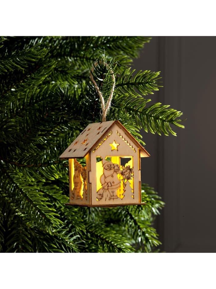 Ёлочная игрушка «Домик с Дедом Морозом и ёлкой», 7.5×6.5×6 см, от батареек, свечение тёплое белое