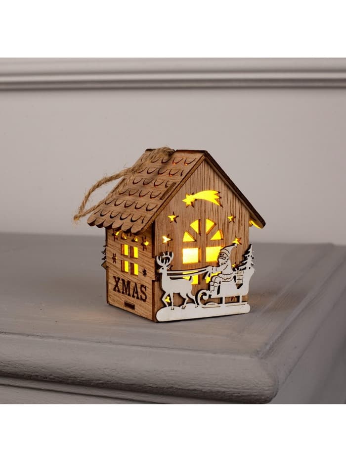 Ёлочная игрушка «Домик с Дедом Морозом на санках», 8×7×5.5 см, от батареек, свечение тёплое белое