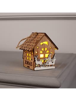 Ёлочная игрушка «Домик с Дедом Морозом на санках», 8×7×5.5 см, от батареек, свечение тёплое белое